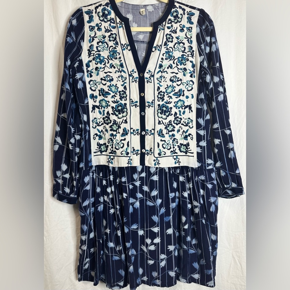 Anthropologie Tiny Women's Dress XS Navy Floral Embroidered Button up Tunic